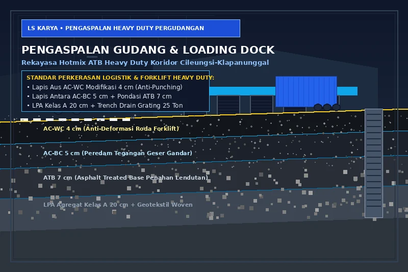 Visualisasi teknis penampang melintang konstruksi aspal hotmix heavy duty untuk area pergudangan dan loading dock di Cileungsi Klapanunggal Bogor menampilkan lapisan AC-WC, AC-BC, ATB, LPA kelas A, serta armada forklift dan trailer kontainer
