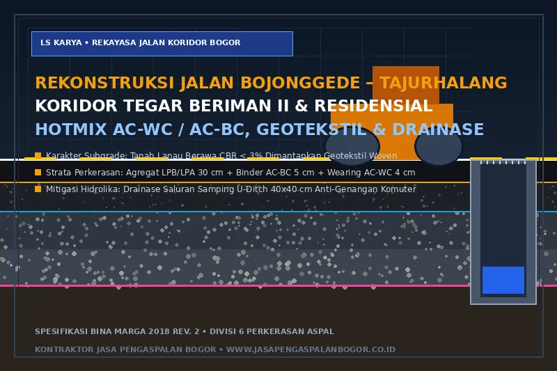 Visualisasi teknis penampang melintang perkerasan jalan aspal hotmix AC-WC dan AC-BC koridor Bojonggede Tajurhalang Bogor menampilkan tanah dasar lempung berawa, membran geotekstil separator, fondasi agregat LPA, dan saluran drainase beton U-Ditch