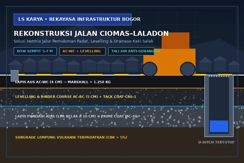 Visualisasi teknis potongan melintang perkerasan aspal hotmix AC-WC dan AC-BC di koridor sempit pemukiman Ciomas Laladon Bogor dengan kanalisasi tali air drainase tertutup, lapis agregat LPA, dan rumah warga di kedua sisi