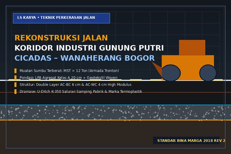 Unit mesin finisher paver dan tandem roller sedang memadatkan lapisan aspal hotmix heavy duty AC-BC pada koridor kawasan industri Gunung Putri Cicadas Bogor