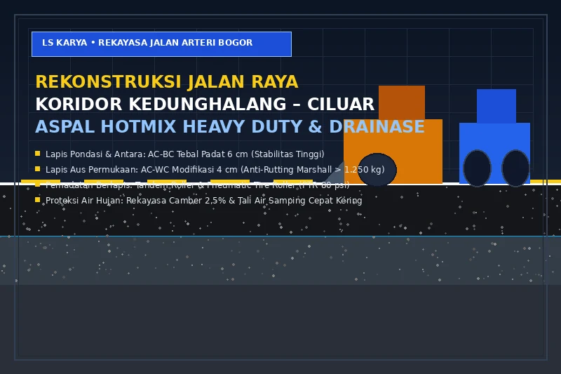 Visualisasi teknis penampang melintang perkerasan jalan arteri Kedunghalang Ciluar Bogor menampilkan lapisan AC-WC anti-rutting, AC-BC heavy duty, serta armada asphalt finisher dan pneumatic tire roller pada pekerjaan rekonstruksi malam hari