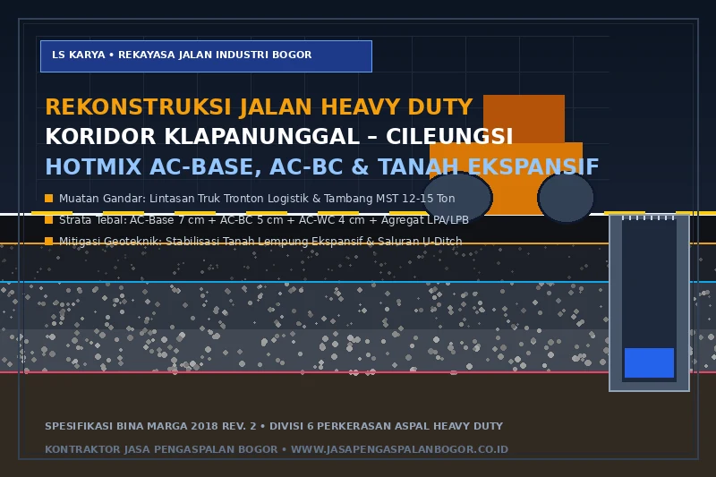 Visualisasi teknis penampang melintang perkerasan jalan aspal heavy duty AC-Base dan AC-BC koridor industri Klapanunggal Cileungsi Bogor menampilkan stabilisasi tanah dasar subgrade, lapisan agregat LPA, lapisan aspal beton tebal, dan saluran drainase beton U-Ditch