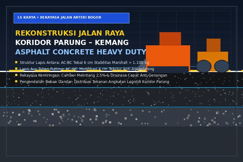 Visualisasi teknis penampang melintang perkerasan jalan arteri Parung Kemang Bogor menampilkan lapisan AC-WC anti-rutting, AC-BC heavy duty, serta armada asphalt finisher dan tandem roller pada rekonstruksi malam hari