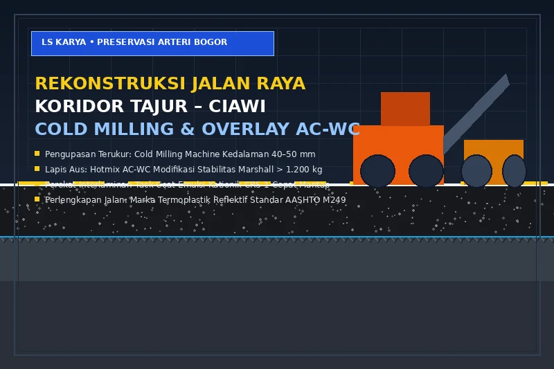 Mesin cold milling sedang mengupas permukaan aspal lama Jalan Raya Tajur Ciawi Bogor disusul truk penyapu debu dan pemadat tandem roller untuk persiapan overlay AC-WC