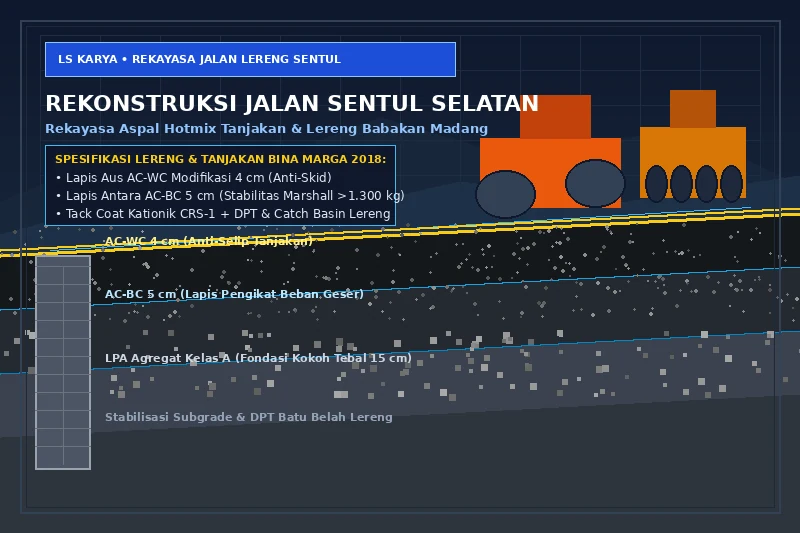 Visualisasi teknis penampang melintang perkerasan jalan perbukitan Sentul Selatan Babakan Madang Bogor memperlihatkan lapisan AC-WC anti-selip tanjakan, AC-BC heavy duty, konstruksi DPT batu kali penahan tebing, serta compactor roller