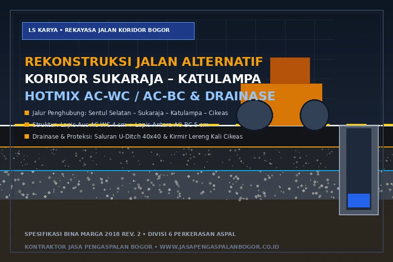 Visualisasi teknis penampang melintang perkerasan aspal hotmix AC-WC dan AC-BC jalur Sukaraja Katulampa Bogor menampilkan lapisan perkerasan lentur, perkuatan bahu lereng saluran Cikeas, dan mesin tandem roller pemadat jalan